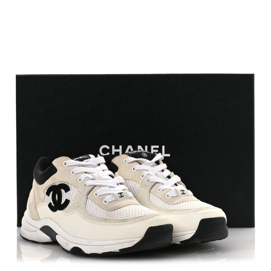 Mesh Suede Calfskin Grained Calfskin Womens CC Sneakers 37 White Black