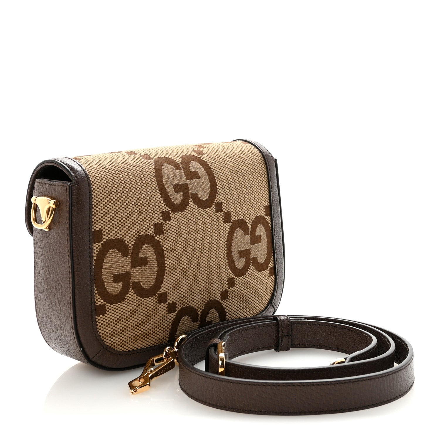 Gucci Monogram Jumbo GG Textured Dollar Calfskin Web Mini Horsebit 1955 Shoulder Bag Camel Ebony New Acero