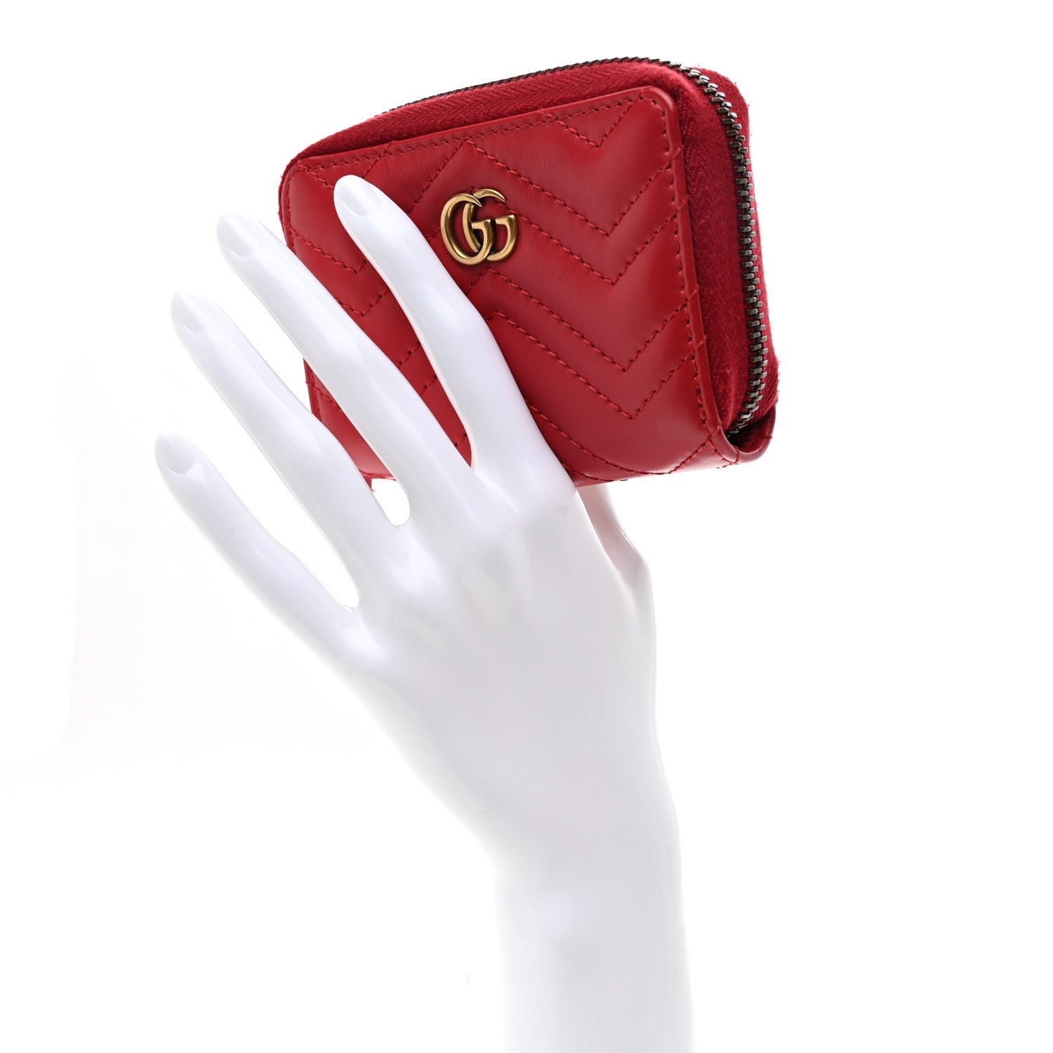 Gucci Calfskin Matelasse GG Marmont Zip Around Card Case Hibiscus Red