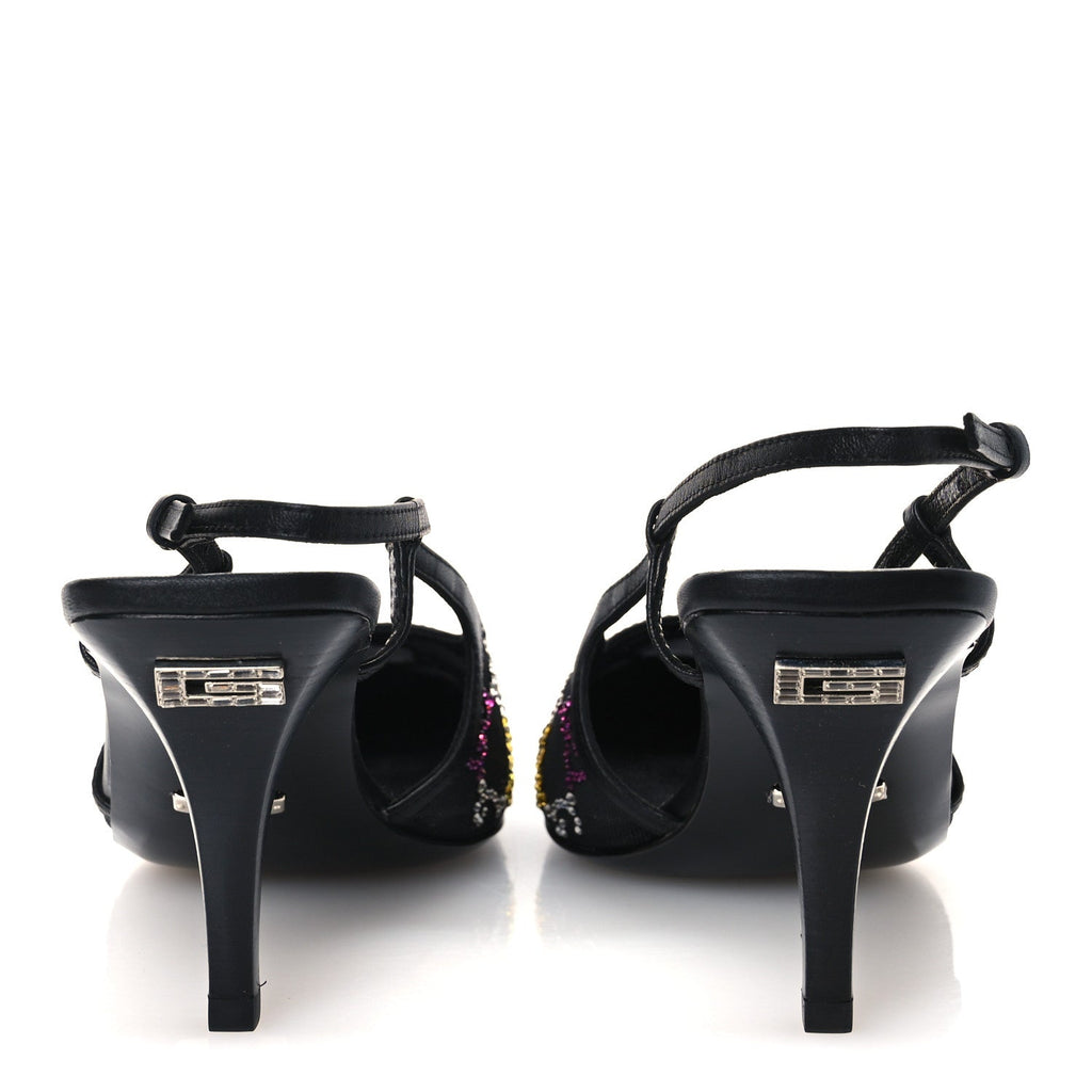 Gucci Tela Retino Nappa Charlotte Crystal GG Monogram Square G 75mm Slingback Pumps 37 Black