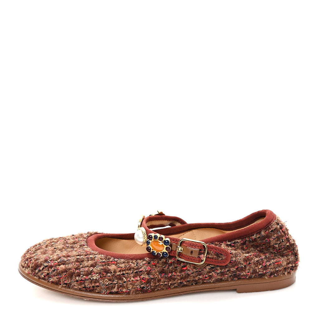 Chanel Wool Tweed Mary Jane Flats 37.5 Brown Red Dark Blue