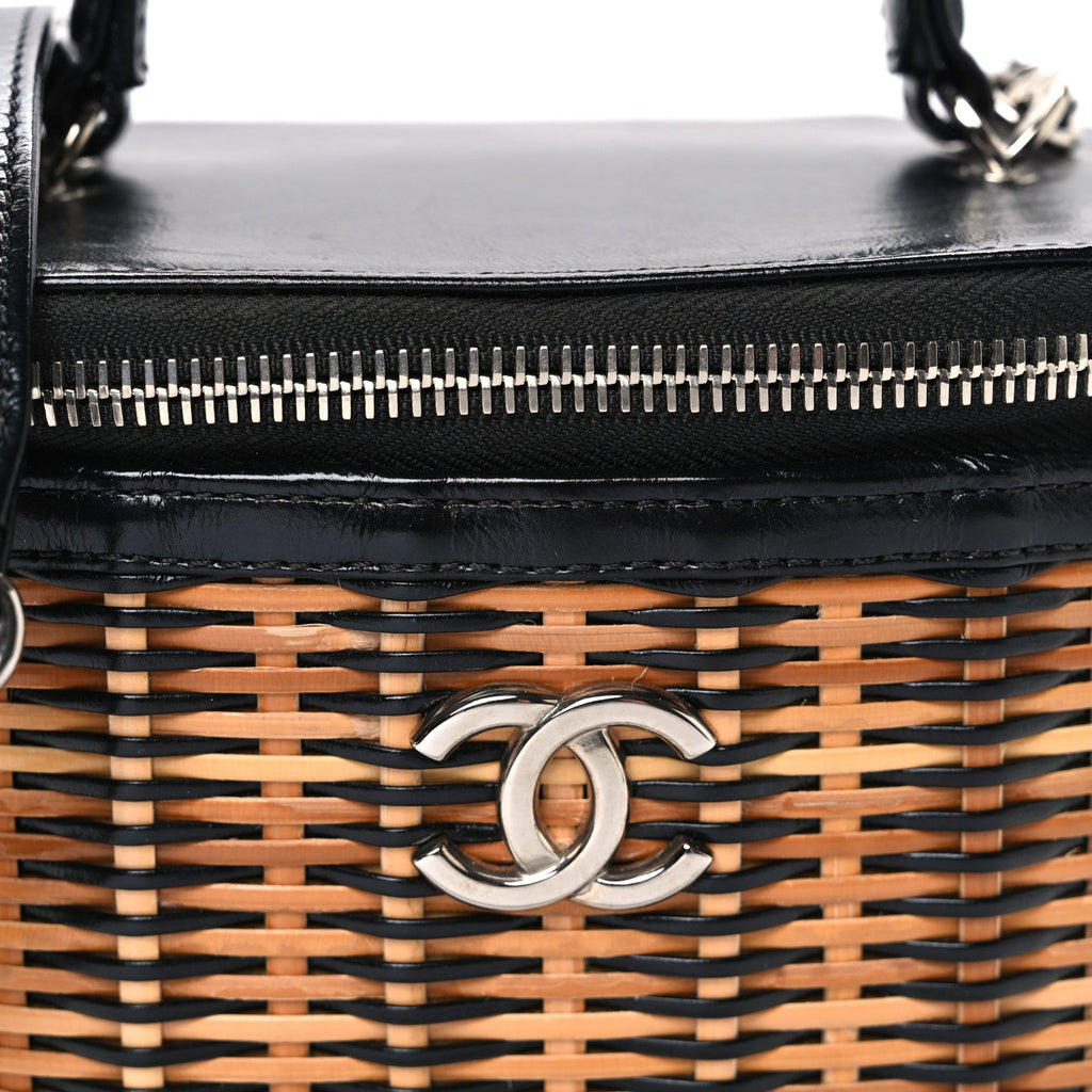 Chanel Calfskin Raffia Small Vanity Case Bag Black Beige
