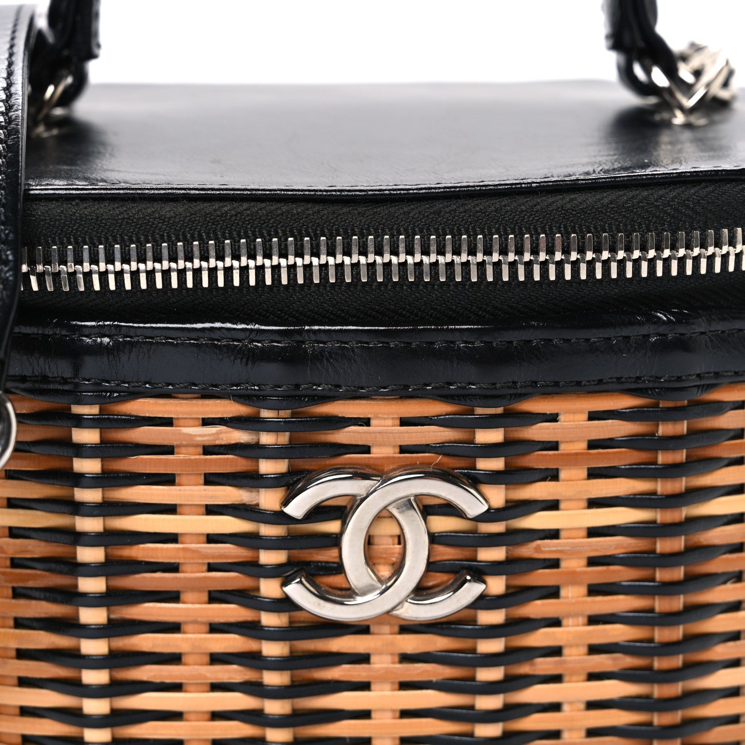 Chanel Calfskin Raffia Small Vanity Case Bag Black Beige