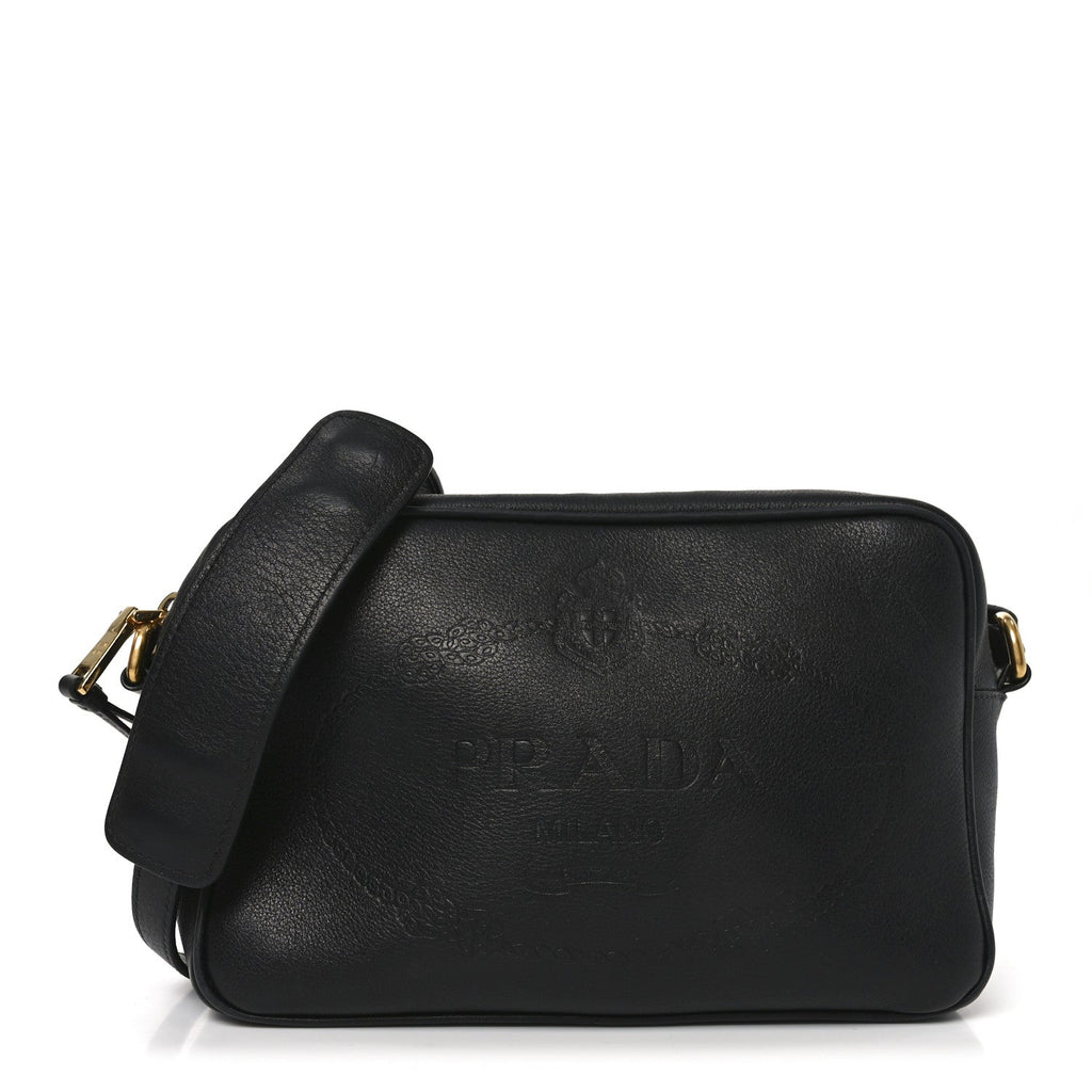 Prada Glace Calfskin Embossed Logo Crossbody Black