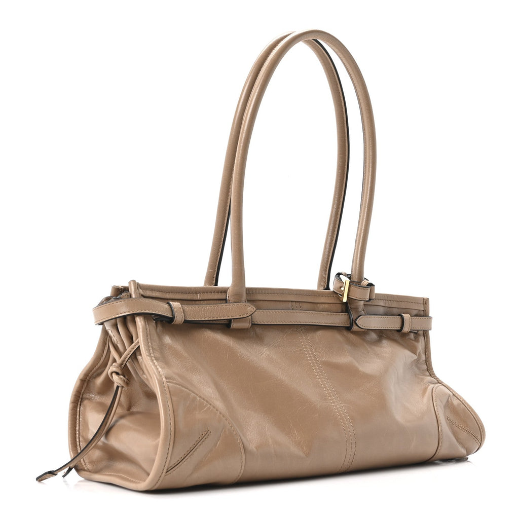Prada Glossy Calfskin Triangle Medium Bonnie Shoulder Bag Cameo