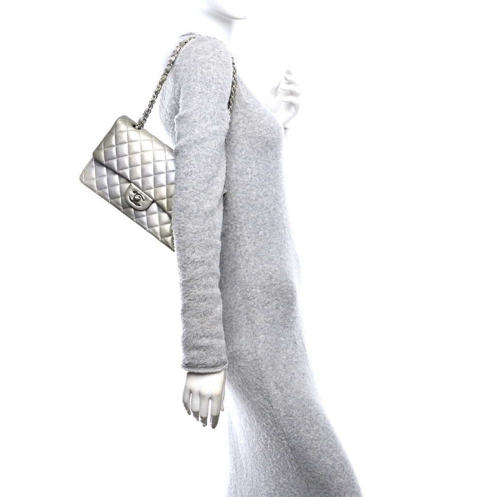 Chanel Metallic Goatskin Quilted Ombre Medium Double Flap Grey Green