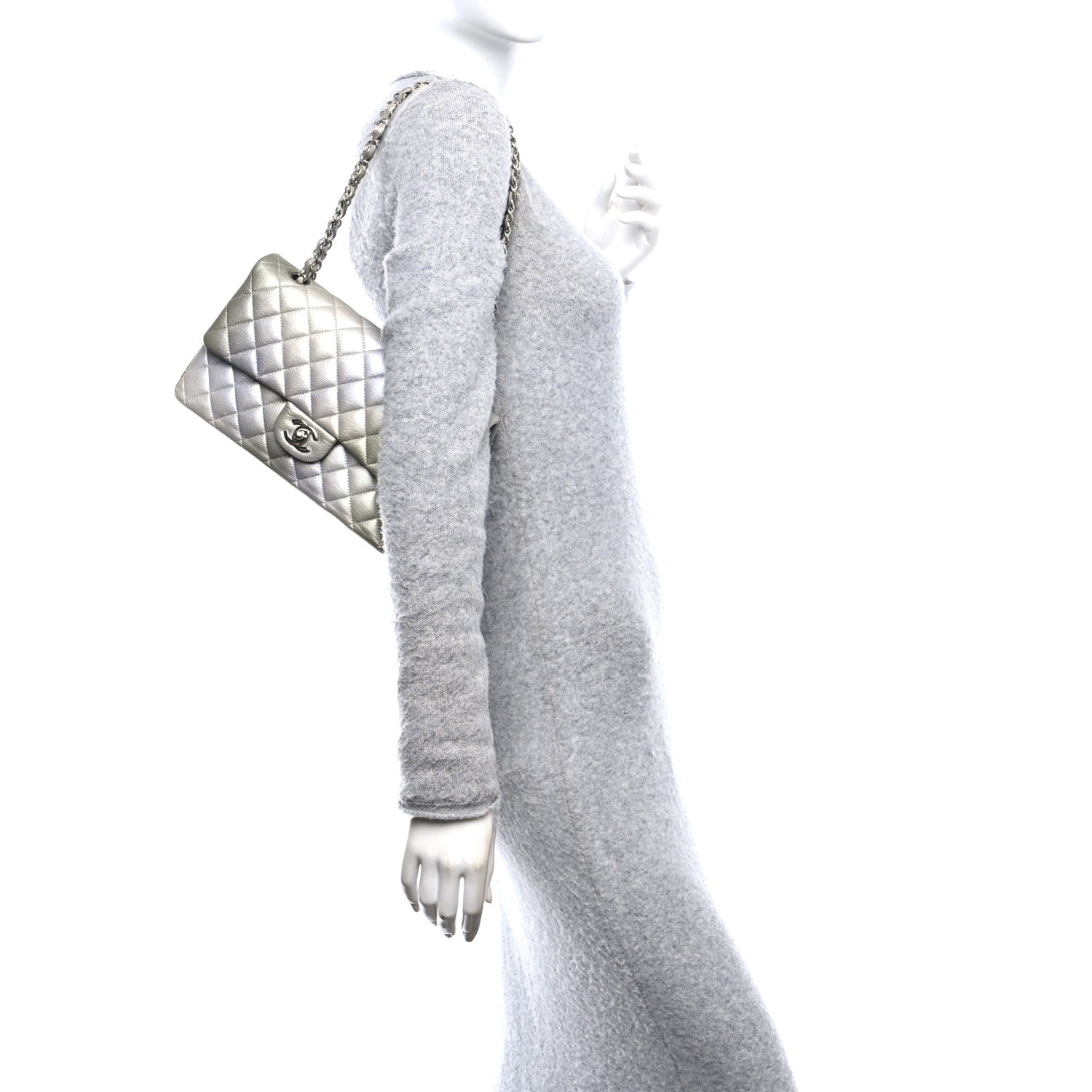 Chanel Metallic Goatskin Quilted Ombre Medium Double Flap Grey Green