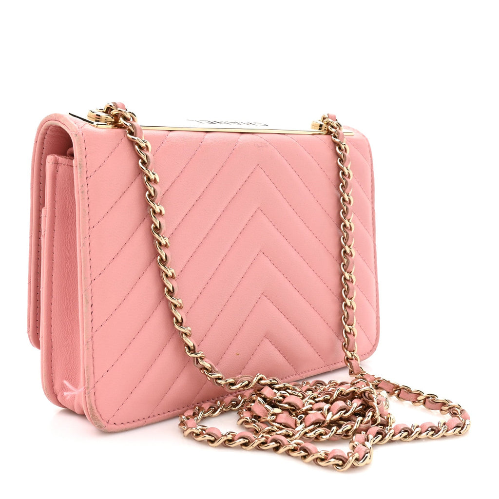 Chanel Lambskin Chevron Quilted Trendy CC Wallet On Chain WOC Pink