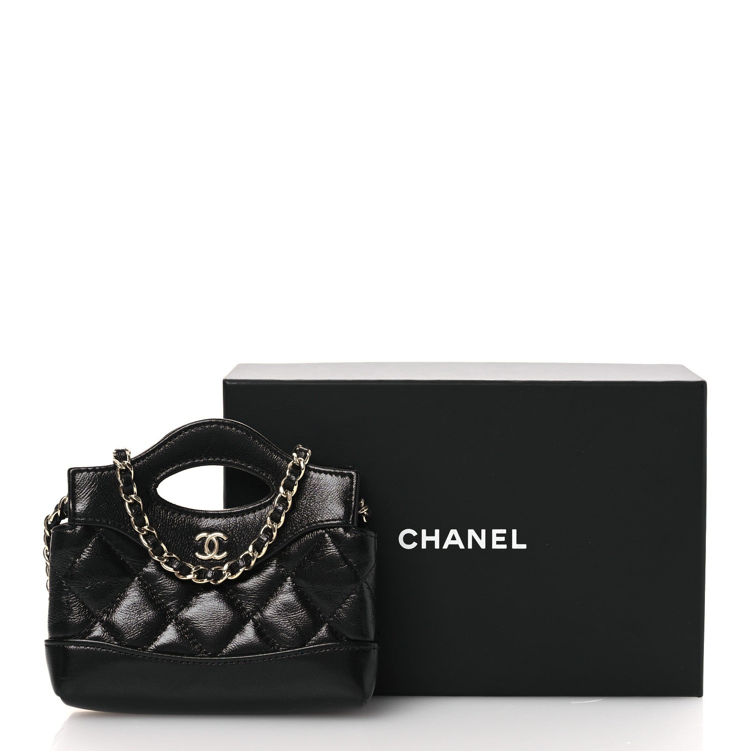 Chanel Shiny Lambskin Quilted Micro 31 Clutch With Chain Black