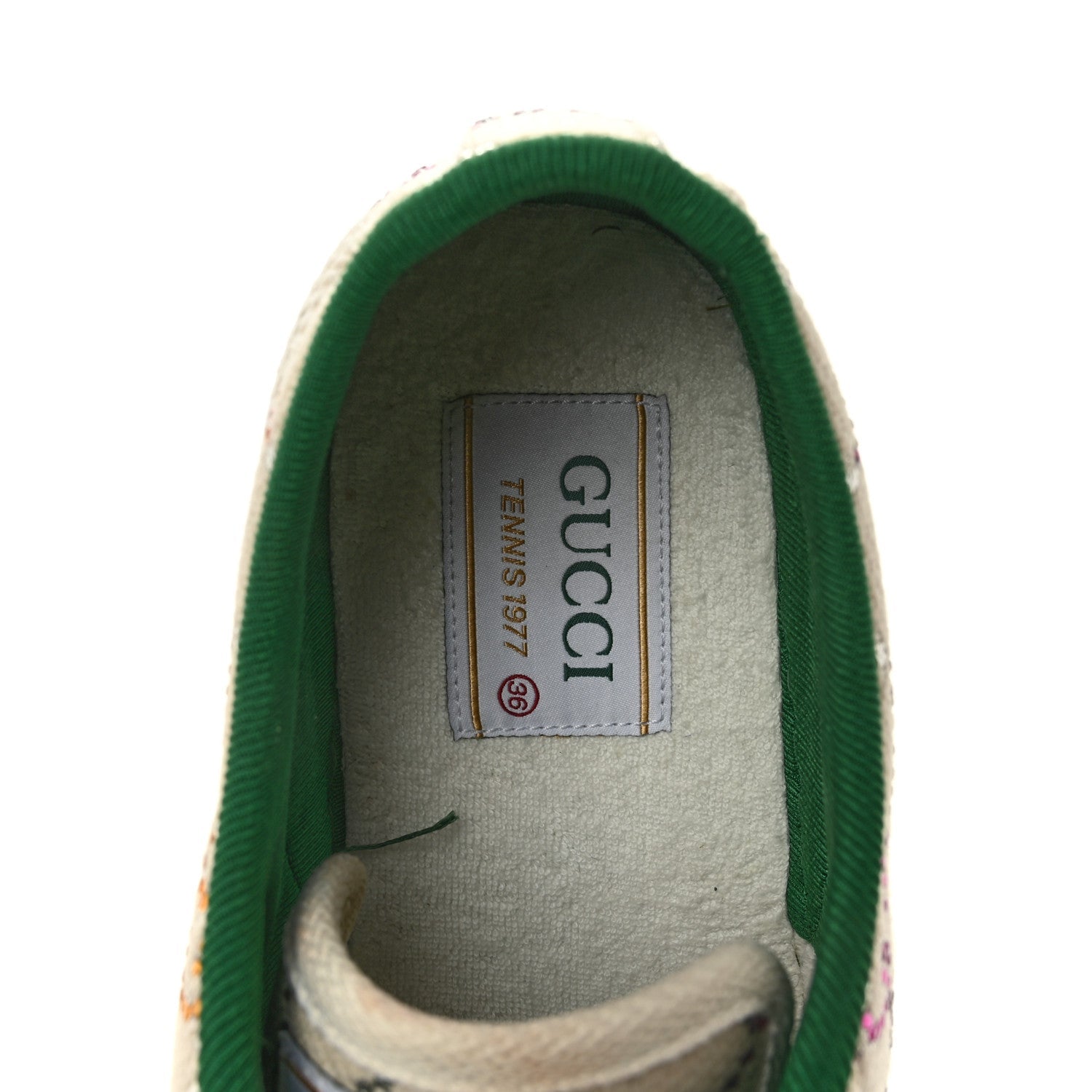 Gucci Canvas Lame Crystal GG Monogram Womens 1977 Tennis Sneakers 36 Gardenia Silver Mystic White