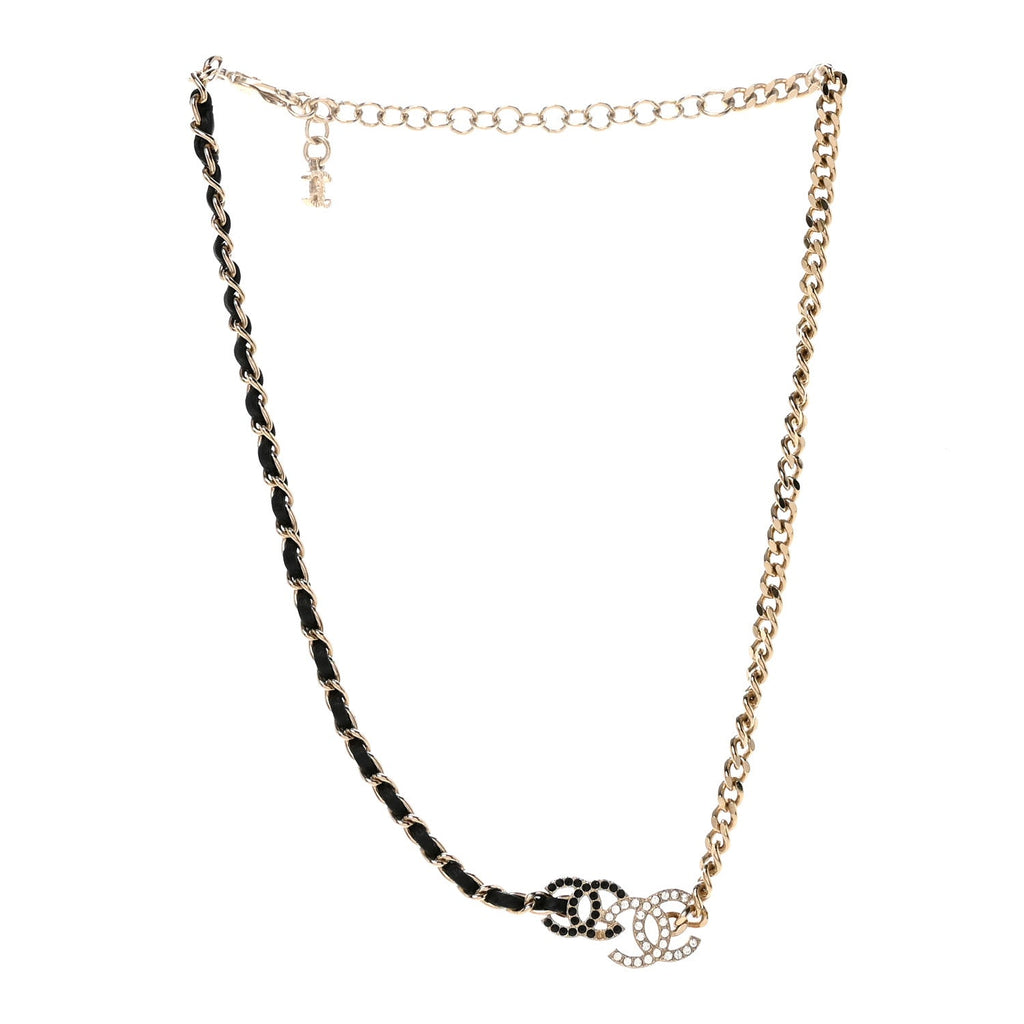 Lambskin Crystal CC Chain Choker Necklace Black Gold