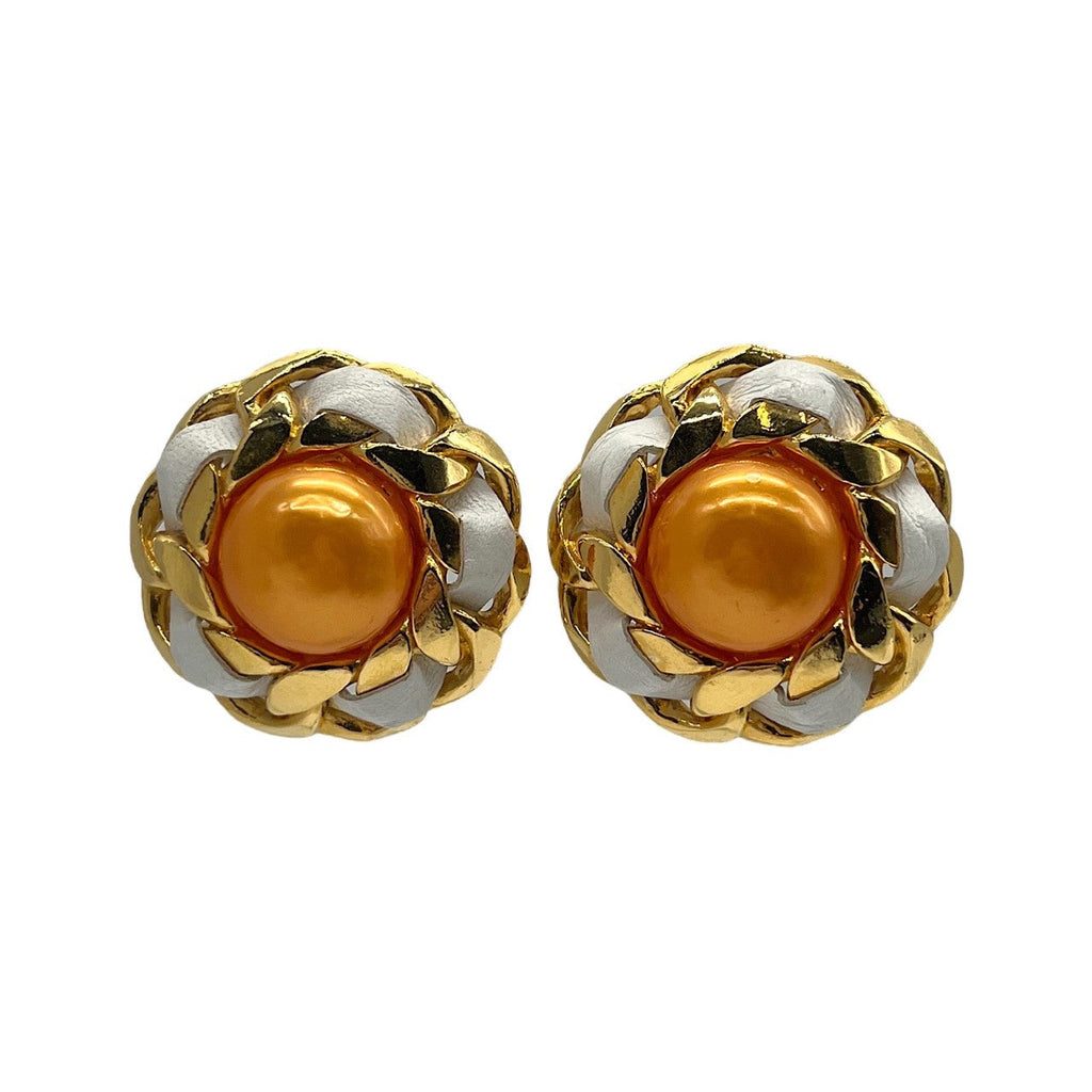 Vintage Chanel Orange Synthetic Pearl Leather & Chain Earrings