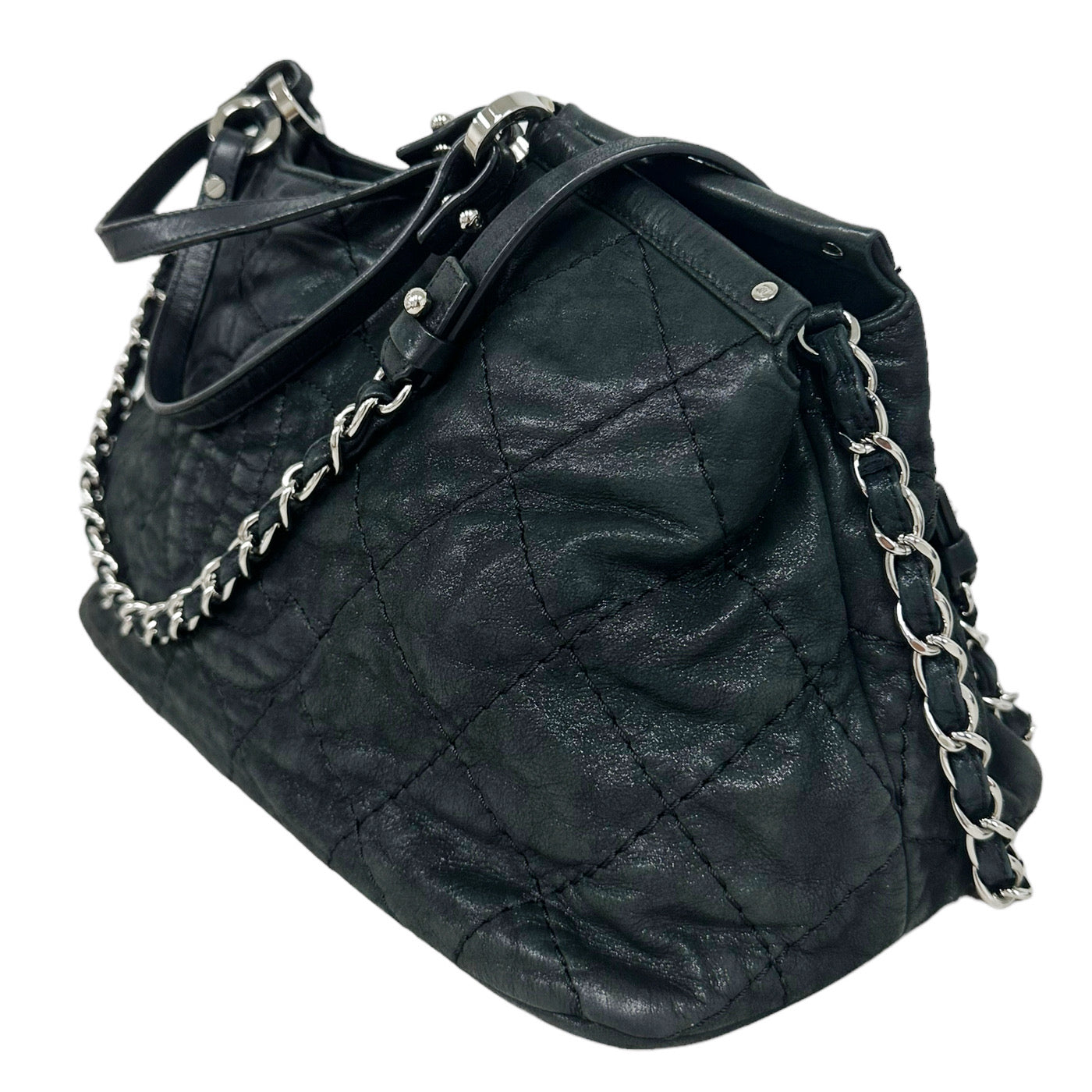 Chanel Matelasse Quilted Black Shimmer Leather Chain Shoulder Tote Bag
