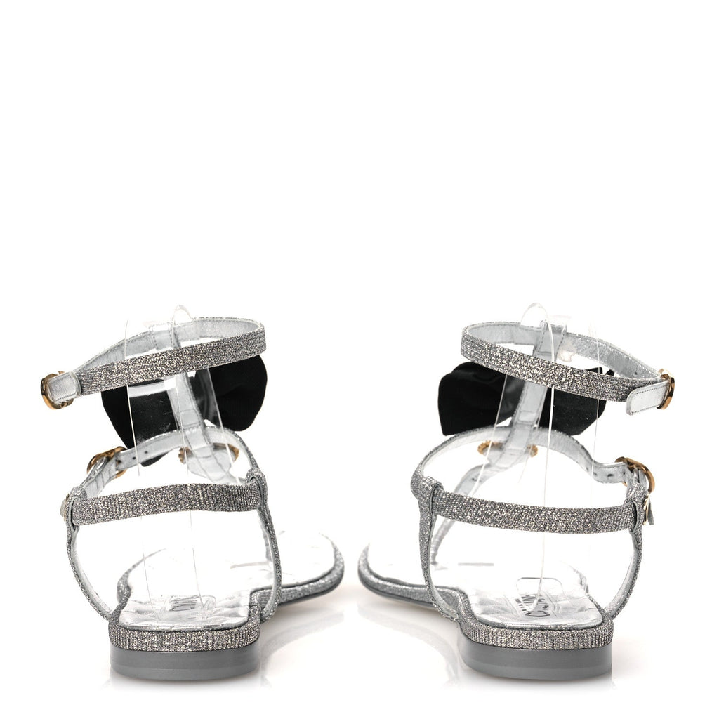 Fabric Grosgrain Pearl Crystal Thong Sandals 40 Silver Black