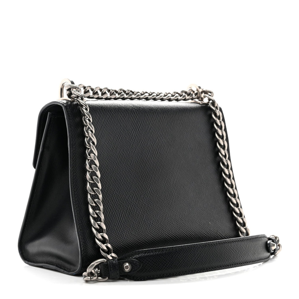 Prada Saffiano Cuir Calfskin Monochrome Envelope Flap Chain Shoulder Bag Black