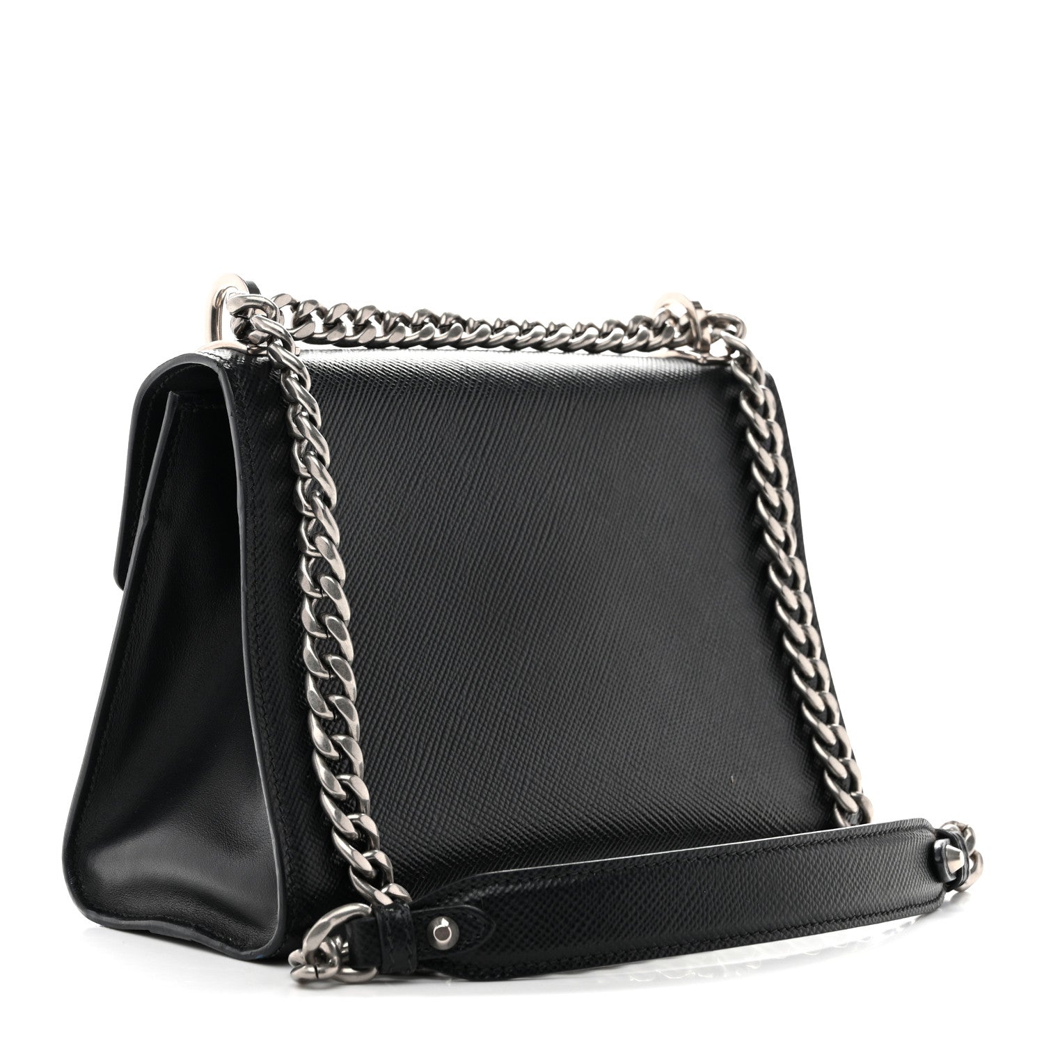 Prada Saffiano Cuir Calfskin Monochrome Envelope Flap Chain Shoulder Bag Black