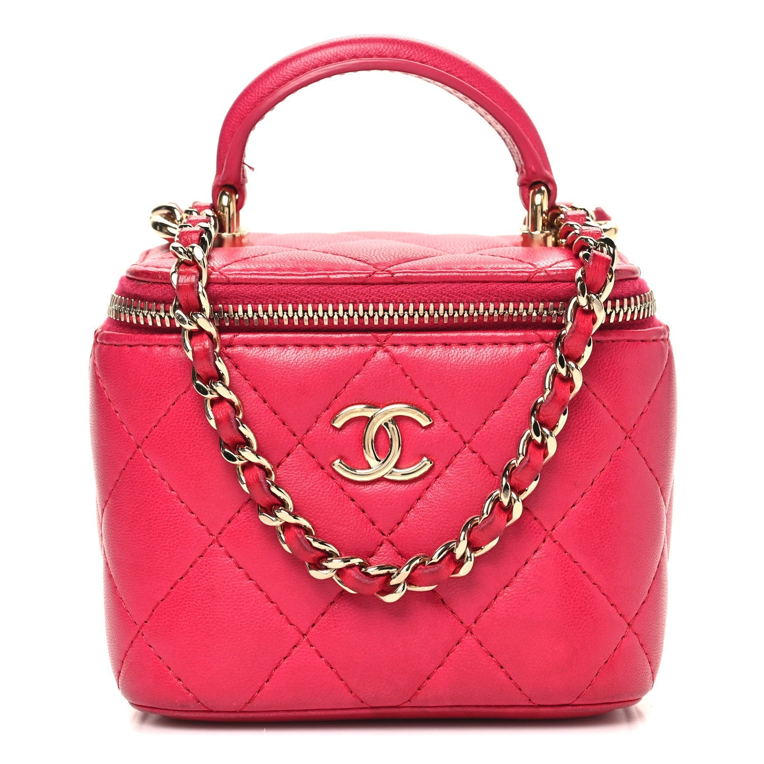 Chanel Lambskin Quilted Mini Top Handle Vanity Case With Chain Dark Pink