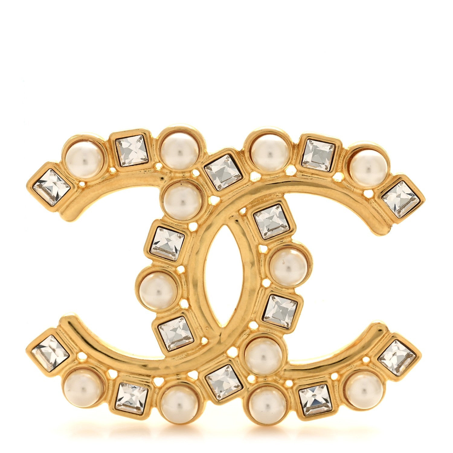 Crystal Pearl CC Brooch Gold