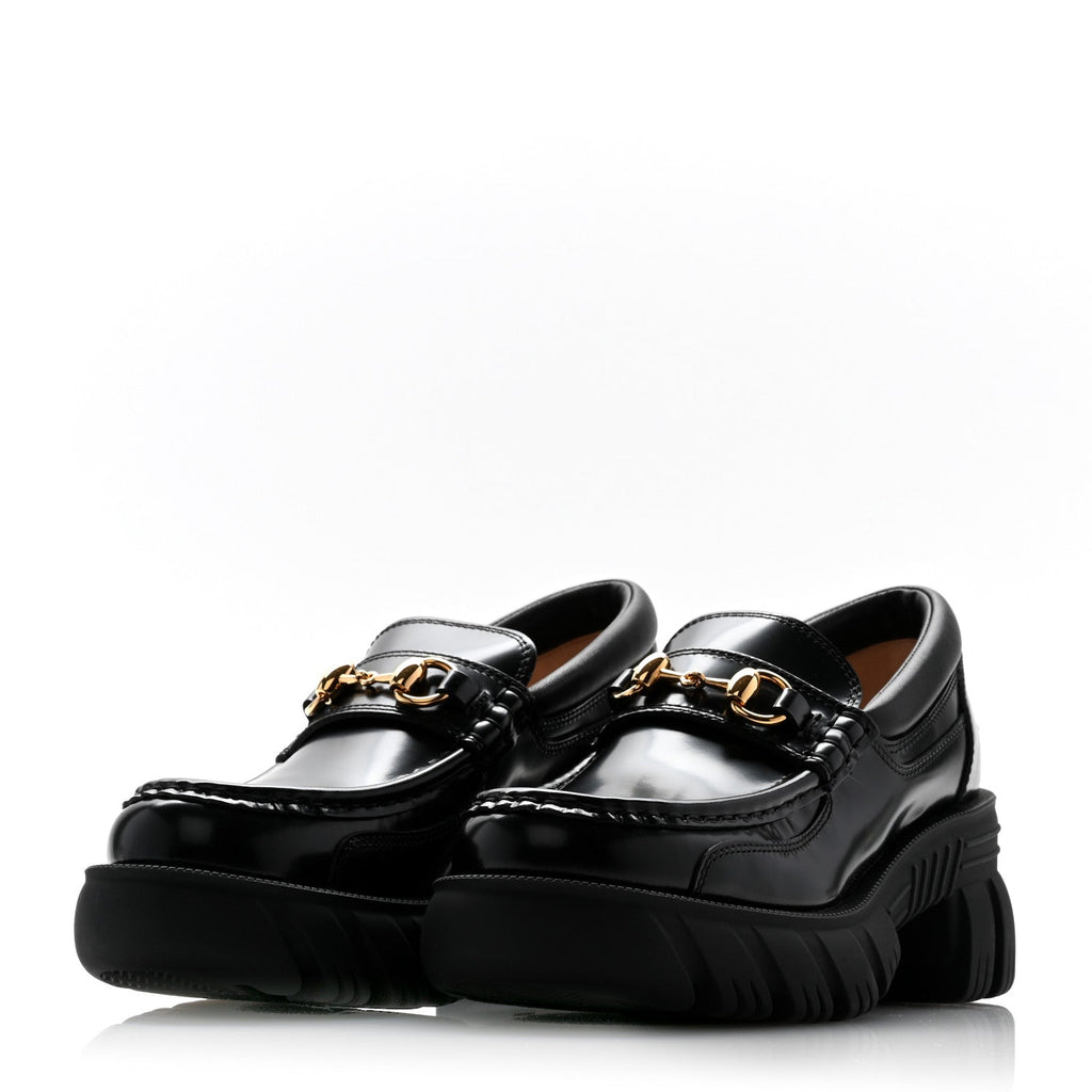 Gucci Magnum Calfskin Nappa Samoa Womens Horsebit Platform Chunky Lug Sole 40mm Loafers 35.5 Black