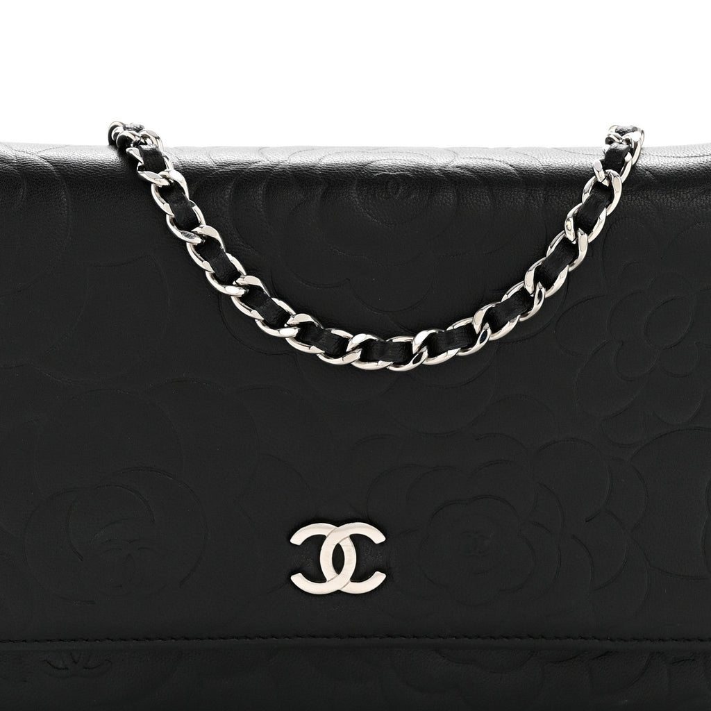 Chanel Lambskin Camellia Embossed Wallet On Chain WOC Black