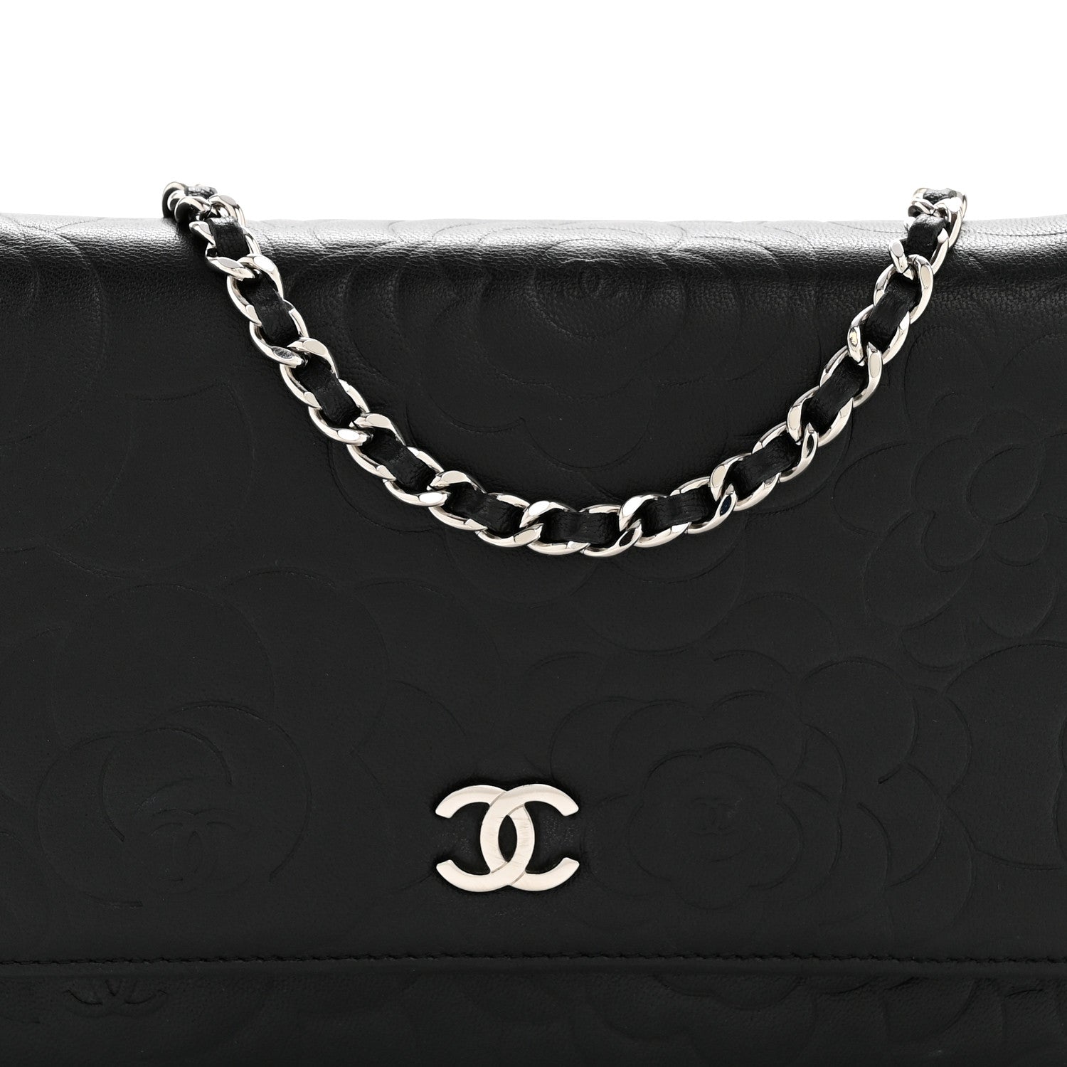 Chanel Lambskin Camellia Embossed Wallet On Chain WOC Black