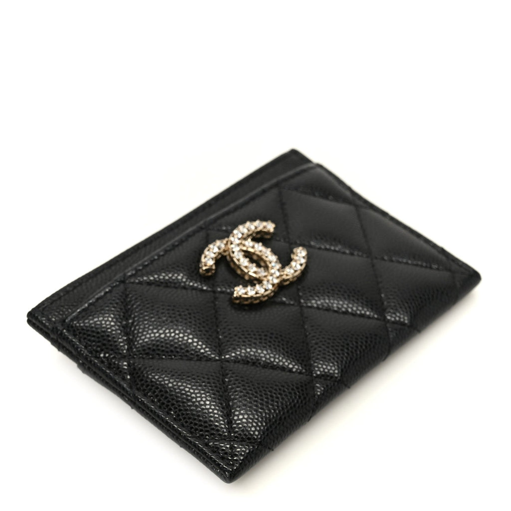 Caviar Quilted Crystal Card Holder Black