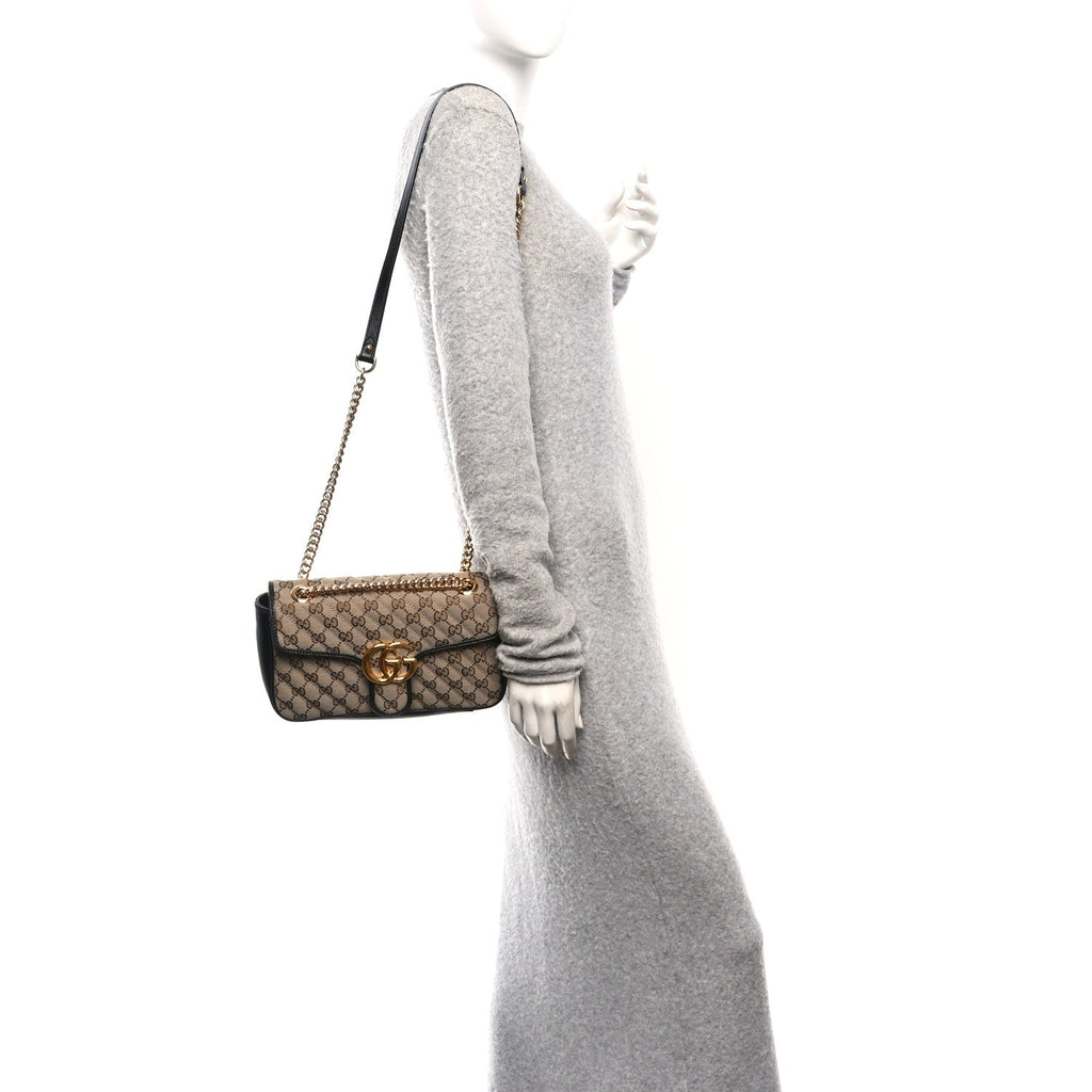 Gucci Monogram Matelasse Diagonal Small GG Marmont Shoulder Bag Beige Black