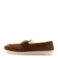 Prada Suede Shearling Triangle Logo Loafer 38.5 Cocoa Brown
