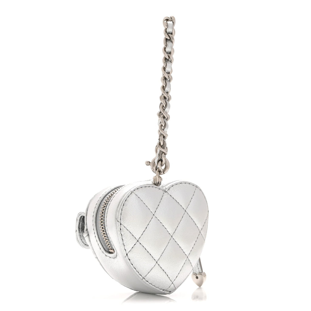 Metallic Lambskin Quilted CC Mini In Love Heart Bag Charm Silver