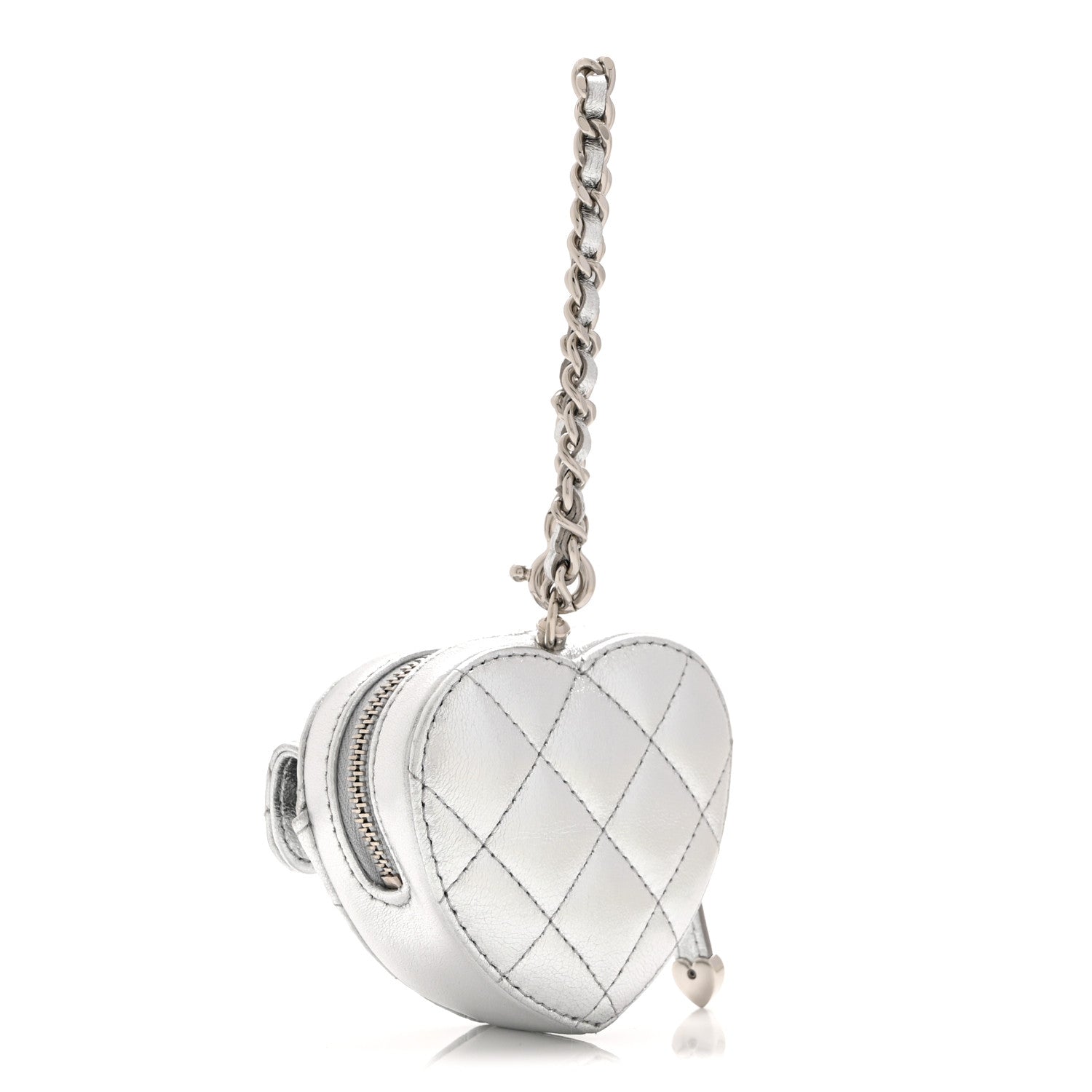 Metallic Lambskin Quilted CC Mini In Love Heart Bag Charm Silver