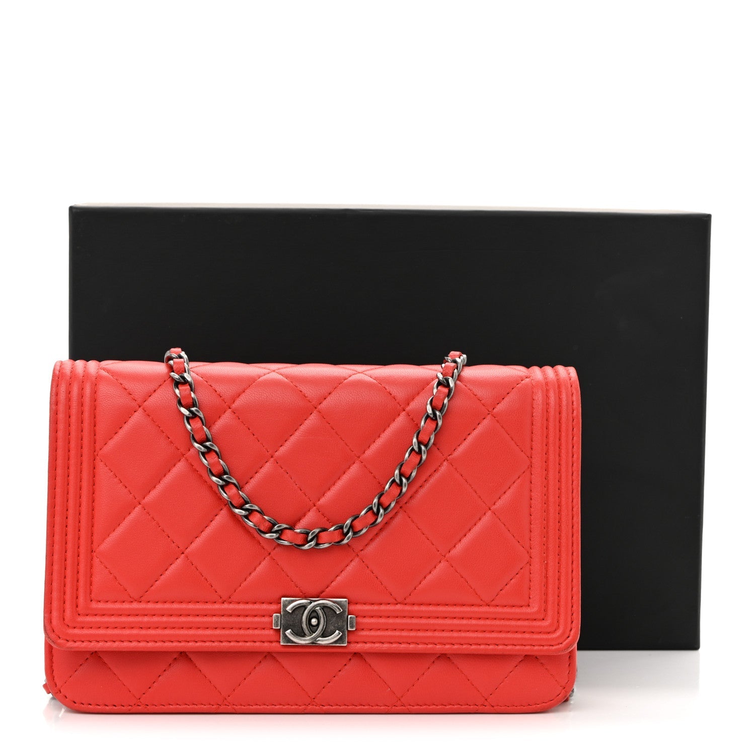 Chanel Lambskin Quilted Boy Wallet On Chain WOC Red