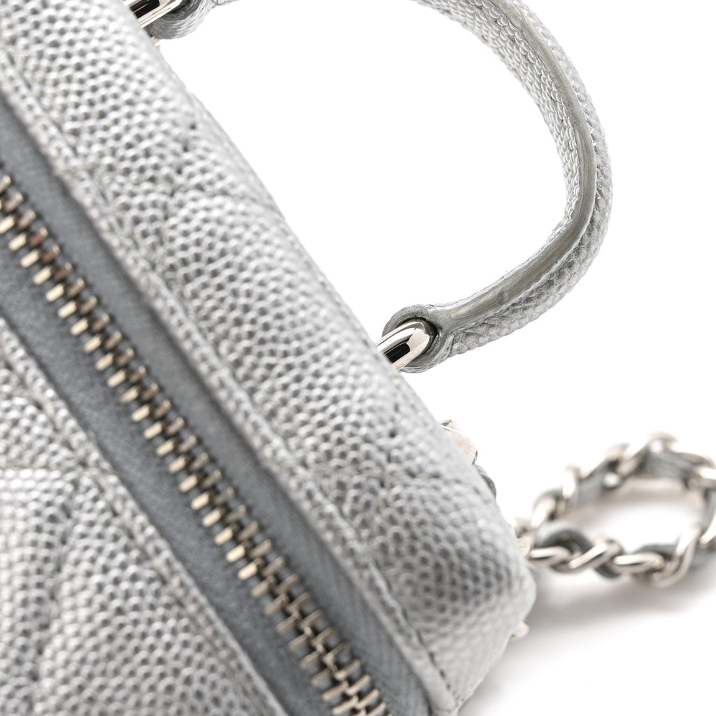 Chanel Metallic Caviar Quilted Mini Top Handle Vanity With Chain Silver