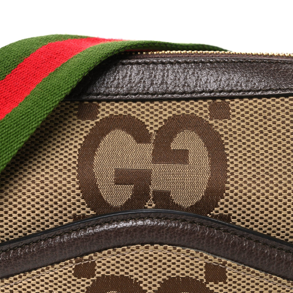 Gucci Monogram Jumbo GG Textured Dollar Calfskin Web Messenger Shoulder Bag Camel Ebony New Acero