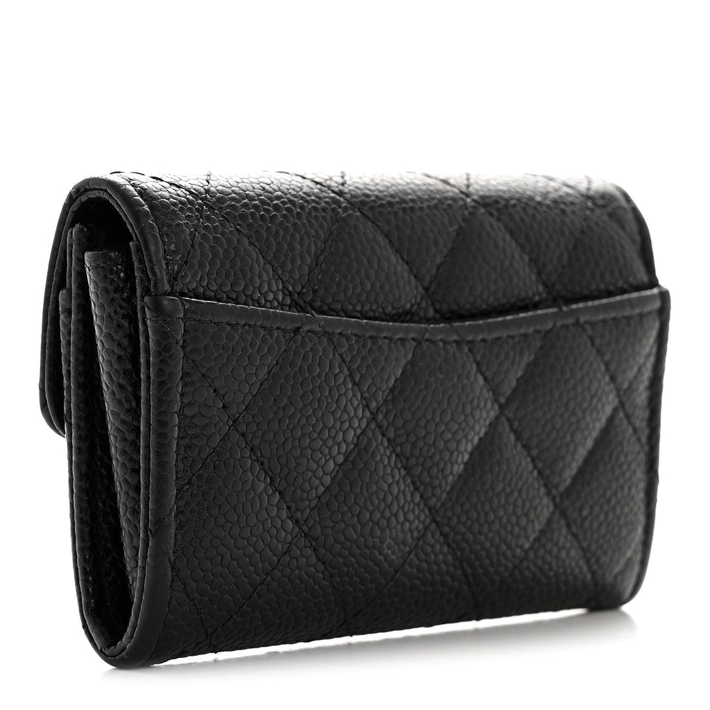 Caviar Quilted Flap Card Holder Wallet Black