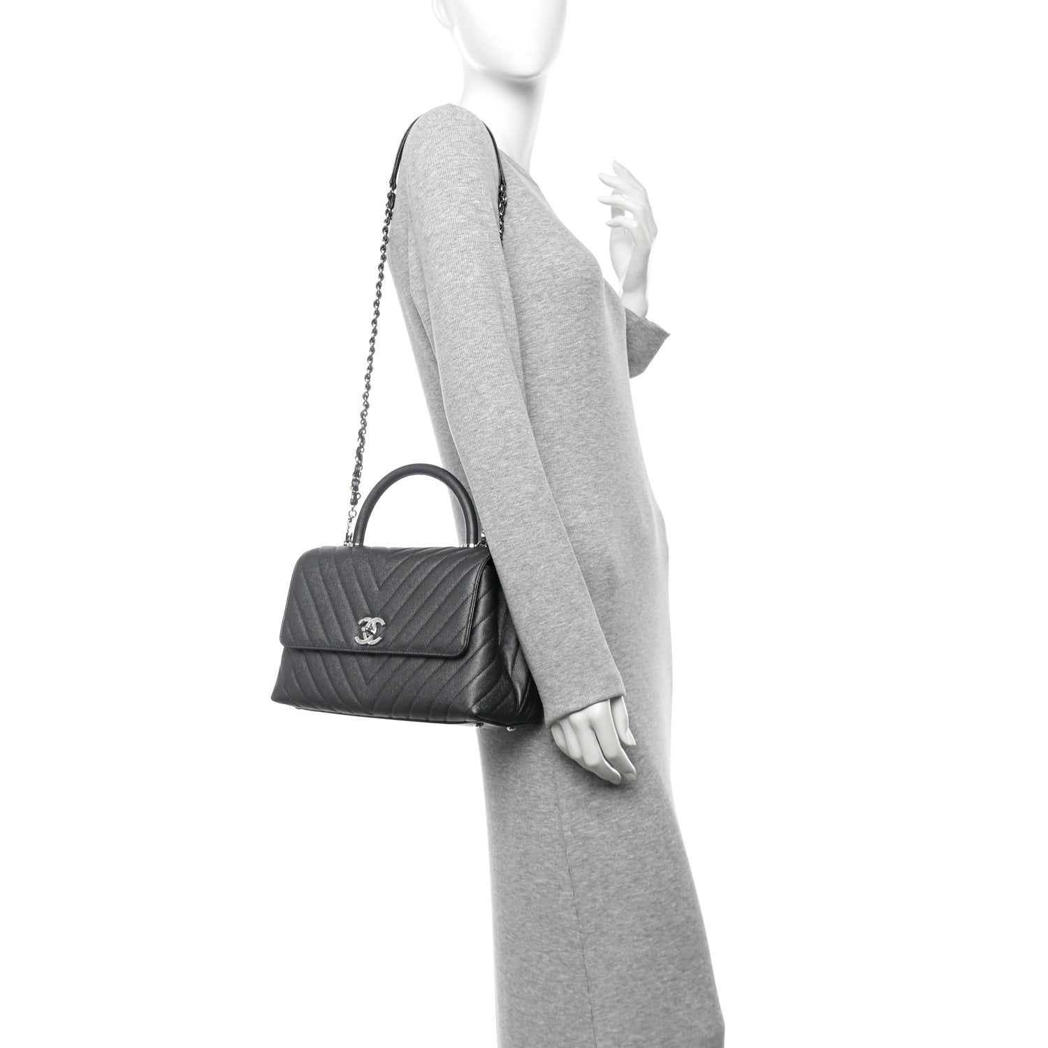 Chanel Metallic Caviar Chevron Quilted Small Coco Handle Flap Dark Silver
