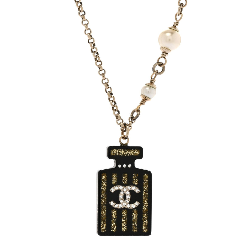 Resin Strass Pearl Perfume Bottle CC Necklace Black Gold