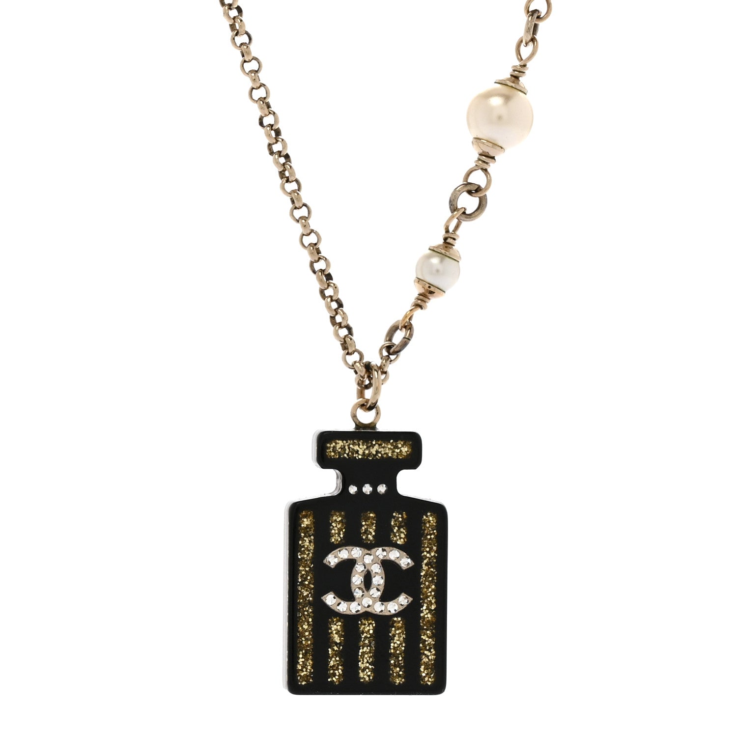 Resin Strass Pearl Perfume Bottle CC Necklace Black Gold