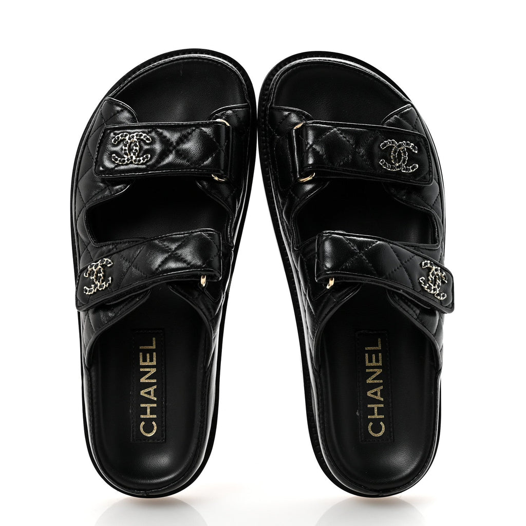 Lambskin Quilted Velcro Dad Chain CC Slide Sandals 36.5 Black
