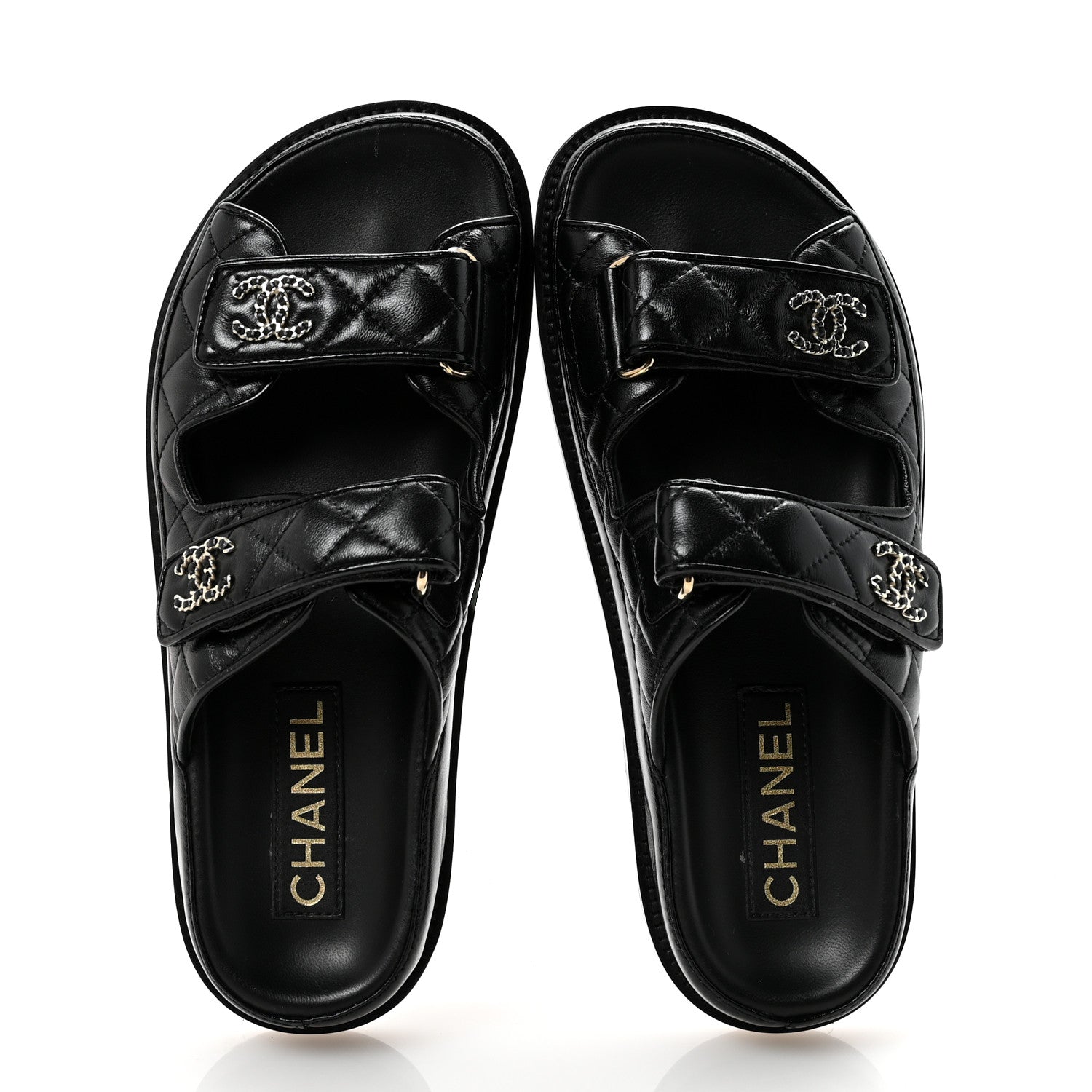Lambskin Quilted Velcro Dad Chain CC Slide Sandals 36.5 Black