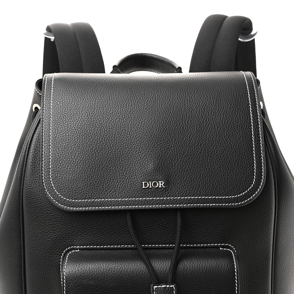 Christian Dior Grained Calfskin Saddle Drawstring Backpack Black