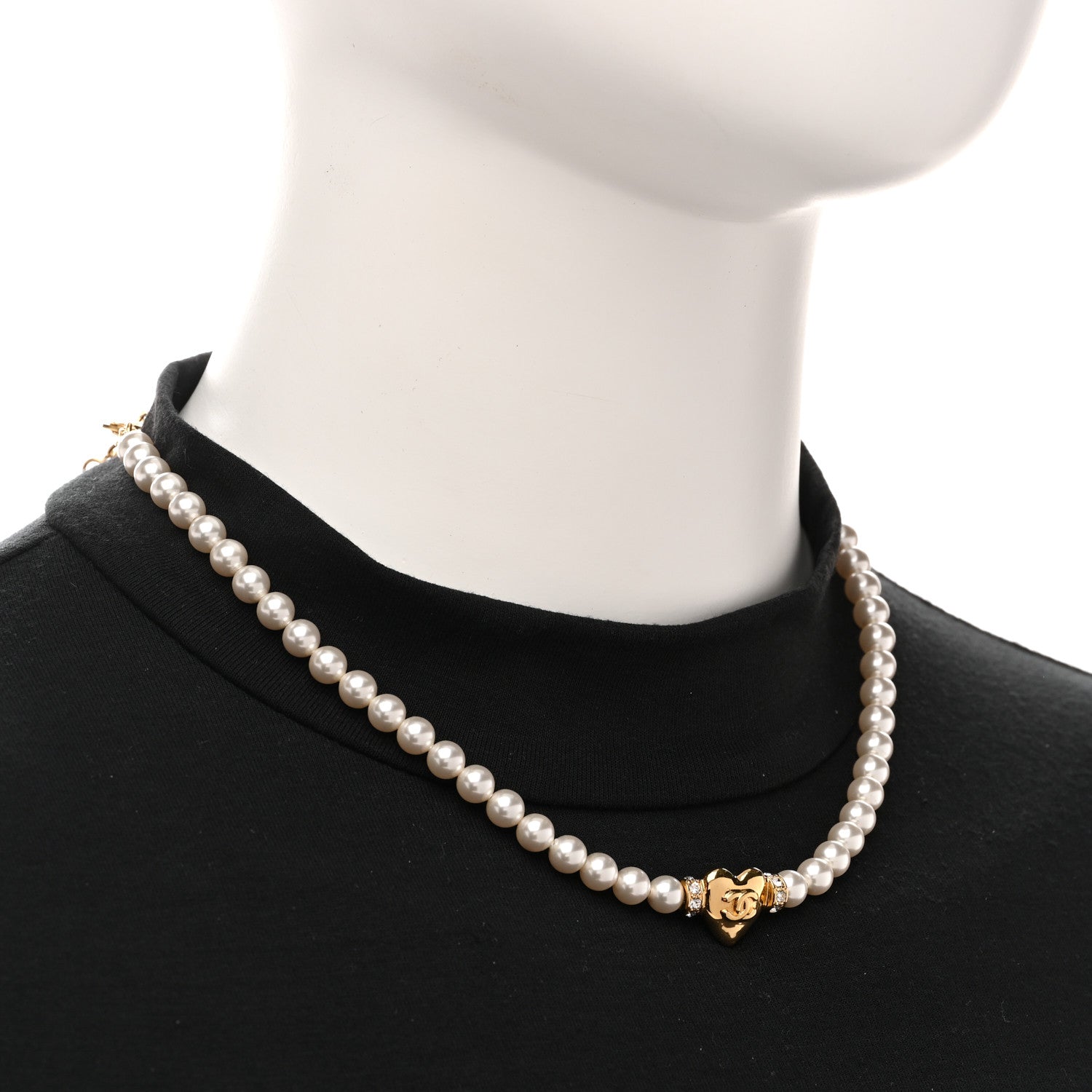 Crystal Pearl CC Heart Choker Necklace Gold