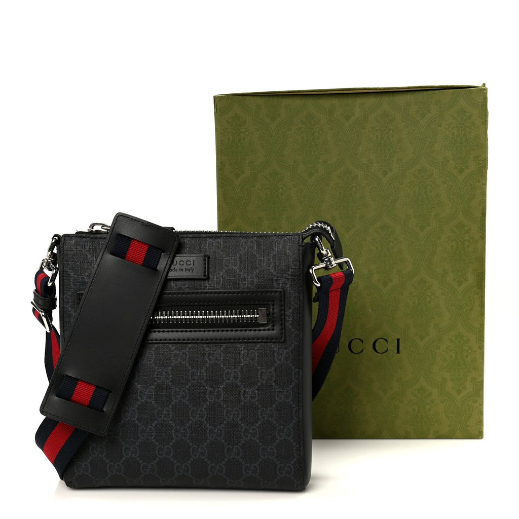 Gucci GG Supreme Monogram Web Small Flat Messenger Bag Black Grey