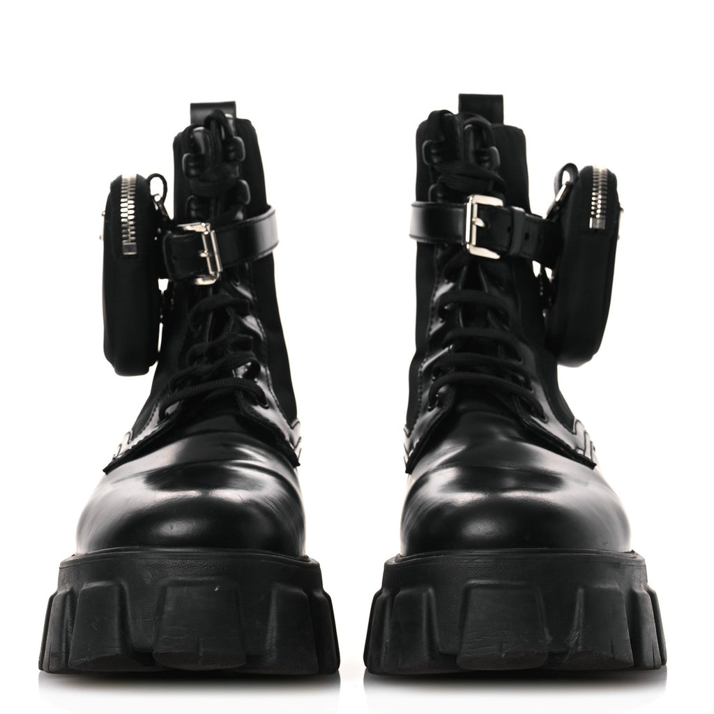 Prada Spazzolato Rois Nylon Metal Triangle Logo Monolith Pouch Pocket 55mm Boots 40.5 Black