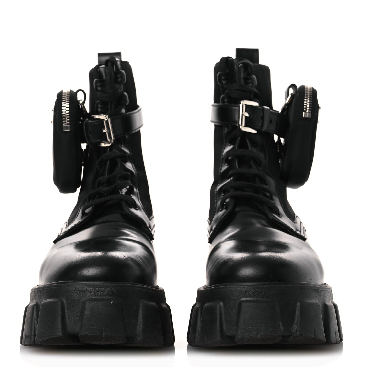 Prada Spazzolato Rois Nylon Metal Triangle Logo Monolith Pouch Pocket 55mm Boots 40.5 Black