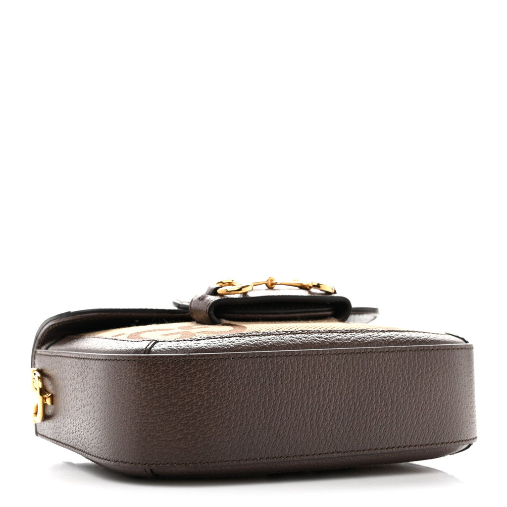 Gucci Monogram Jumbo GG Textured Dollar Calfskin Web Mini Horsebit 1955 Shoulder Bag Camel Ebony New Acero