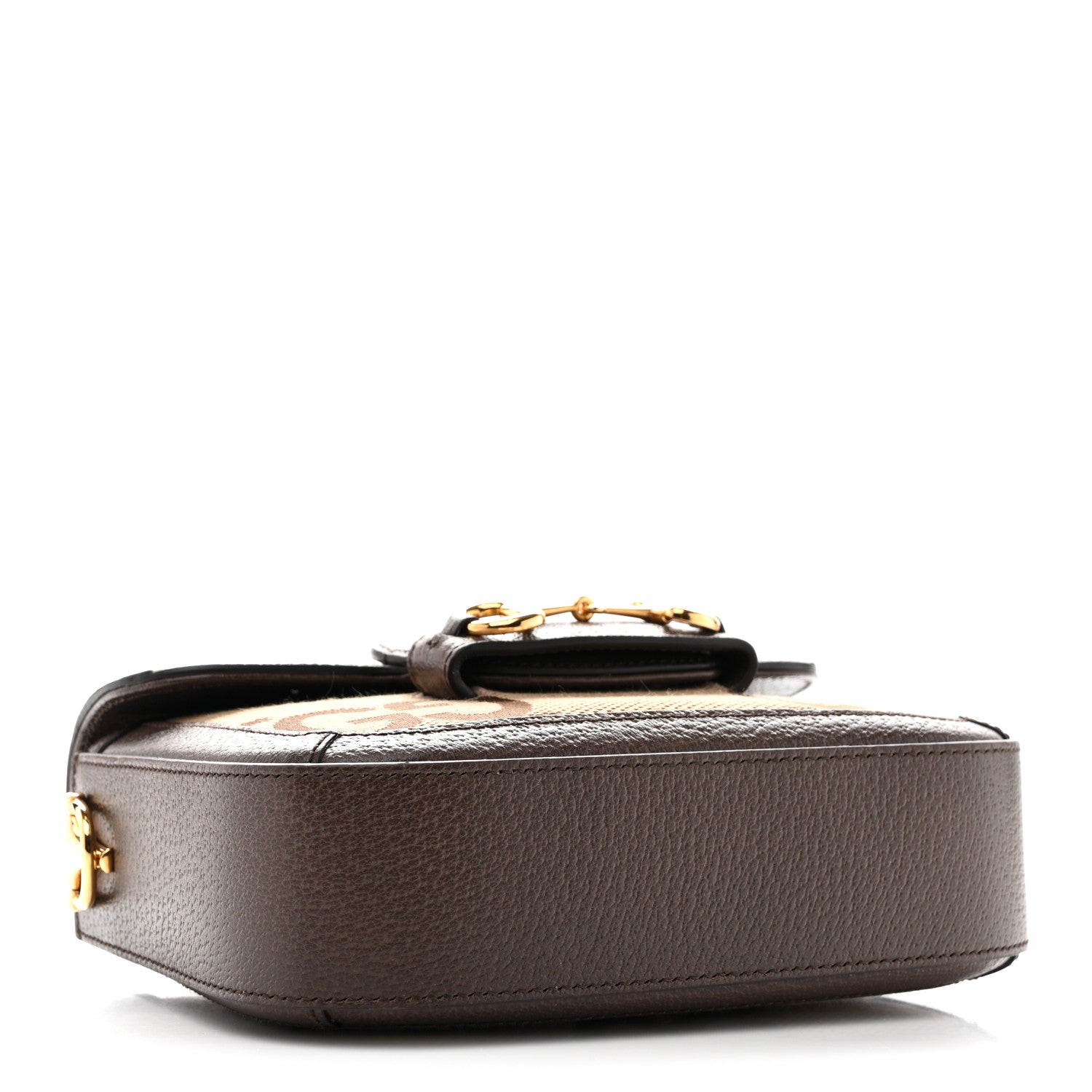 Gucci Monogram Jumbo GG Textured Dollar Calfskin Web Mini Horsebit 1955 Shoulder Bag Camel Ebony New Acero