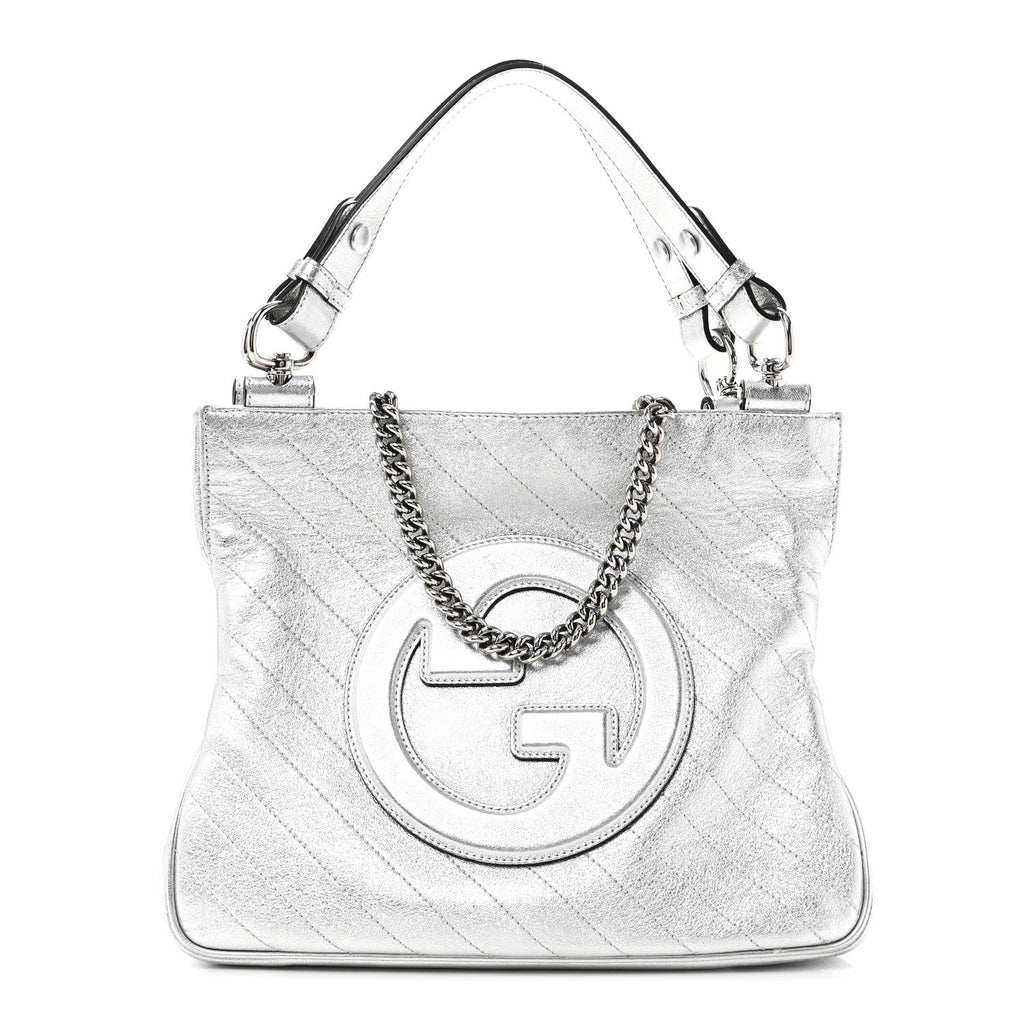 Gucci Sakai Be Green Calfskin Diagonal Stitched Small Blondie Tote Silver