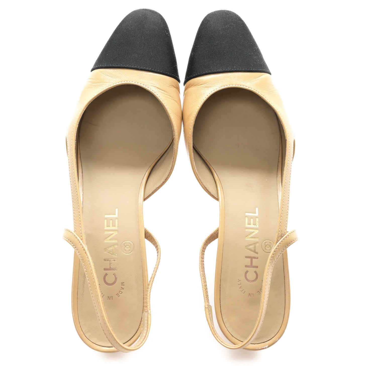Goatskin Grosgrain Cap Toe CC Slingback Pumps 38.5 Beige Black