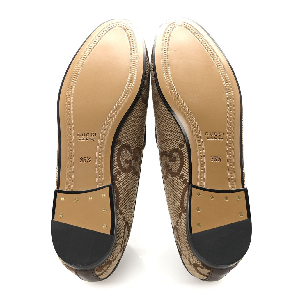 Gucci Monogram Jumbo GG Malaga Kid Horsebit Womens Jordaan Loafers 36.5 Camel Ebony New Acero Beige