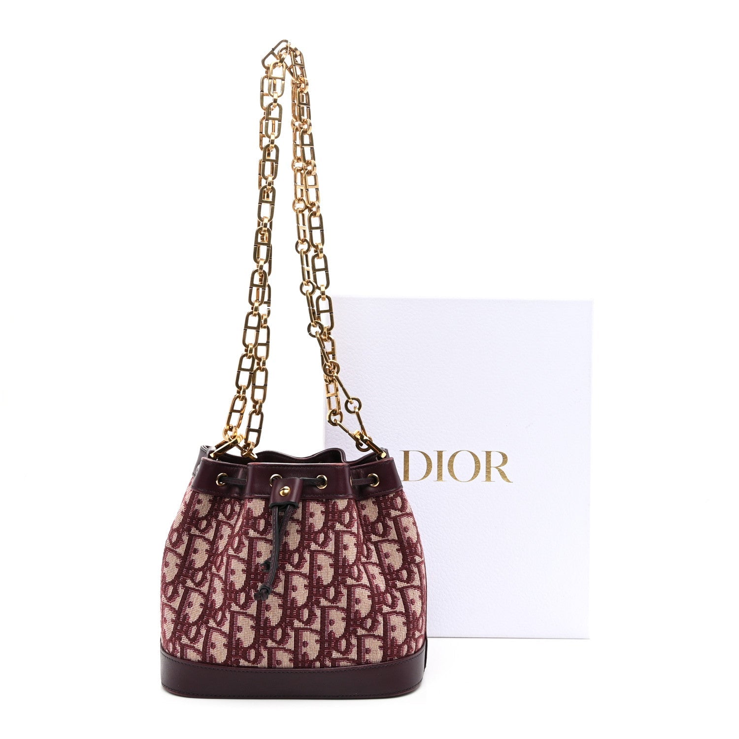 Christian Dior Oblique Drawstring Chain Bucket Bag Burgundy